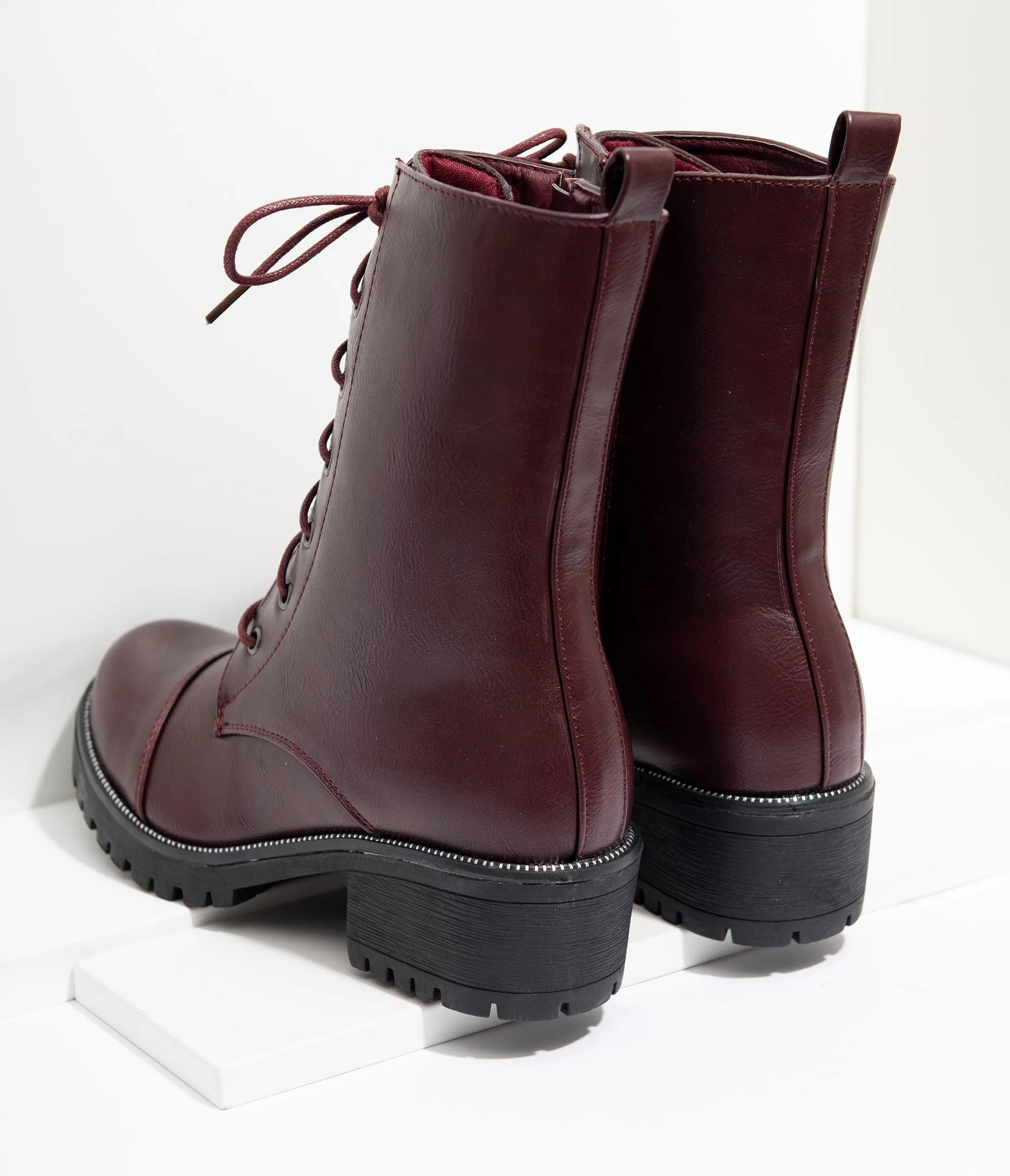 Wine Leatherette Lace Up Combat Boots