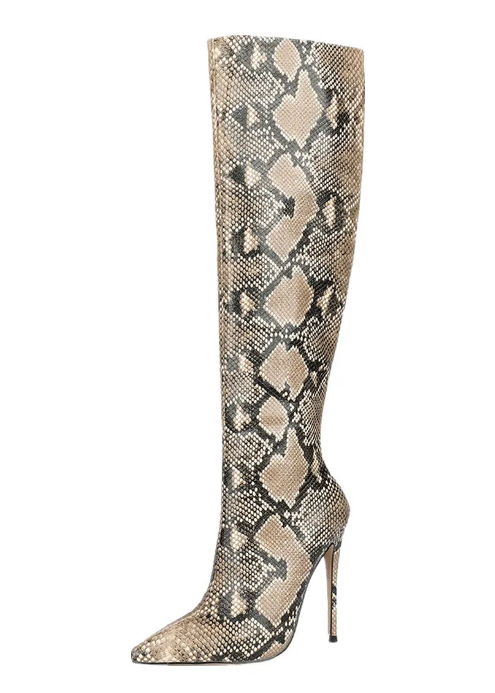 Woman Snakeskin 12cm Stiletto High Heels Pointed-toe Knee-high Long Boots