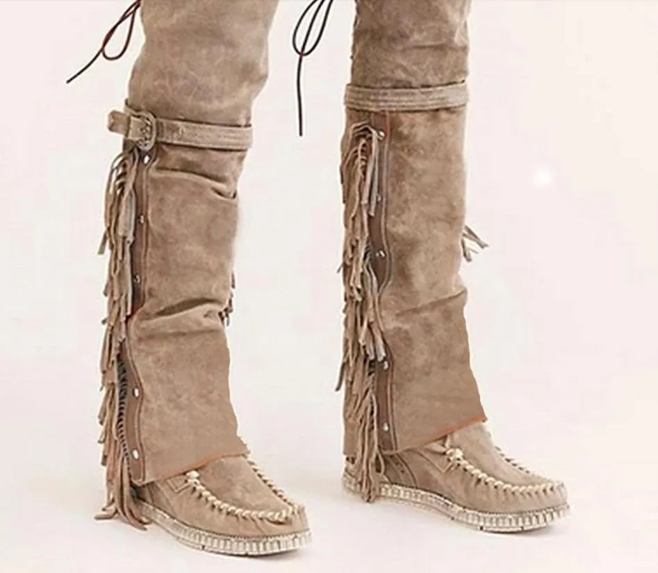 Women Flat Heel Over The Knee Buckle Strap Studded Fringe Boots