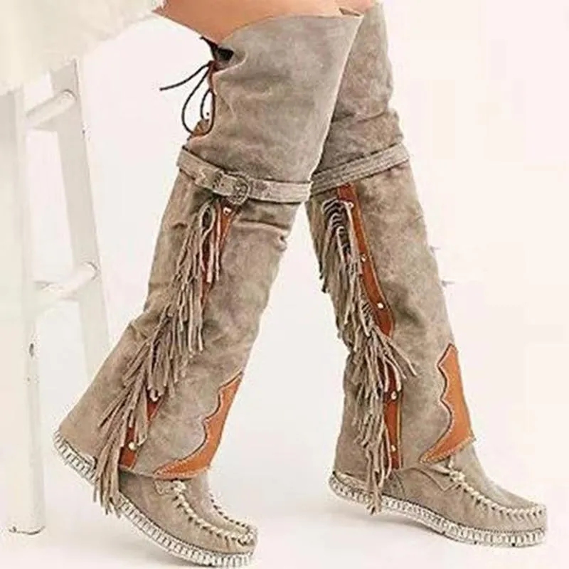 Women Flat Heel Over The Knee Buckle Strap Studded Fringe Boots