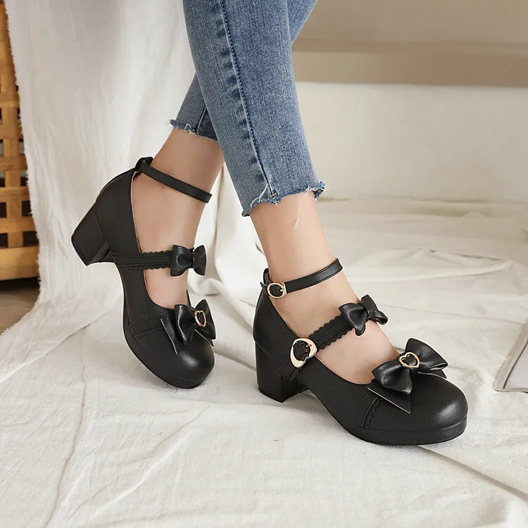 Women's Bow Tie Double Buckle Straps Block Heel Platform Pumps