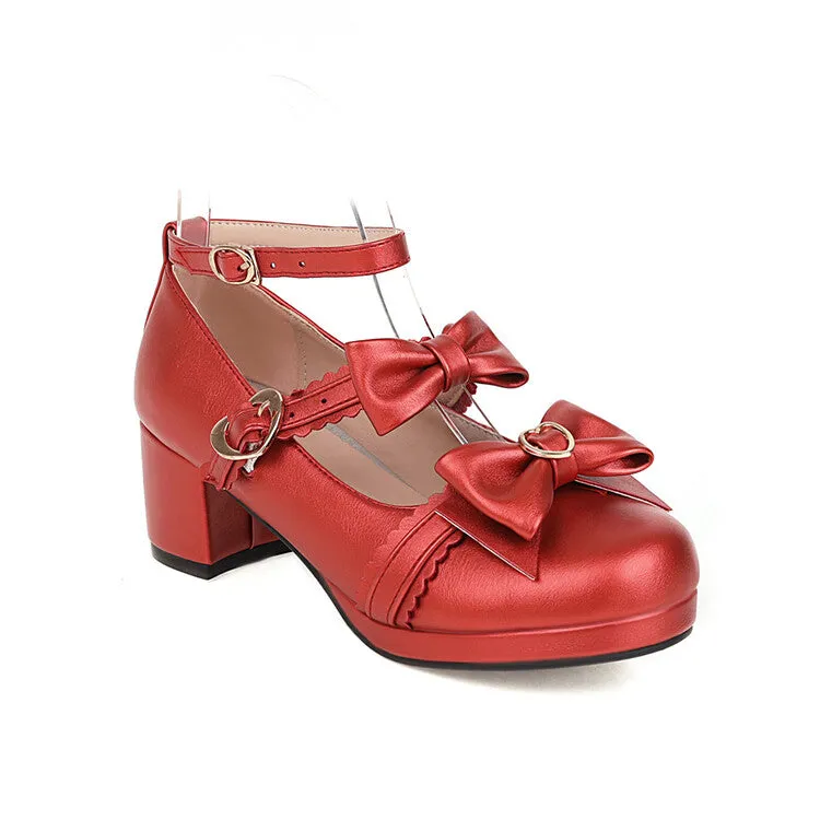 Women's Bow Tie Double Buckle Straps Block Heel Platform Pumps