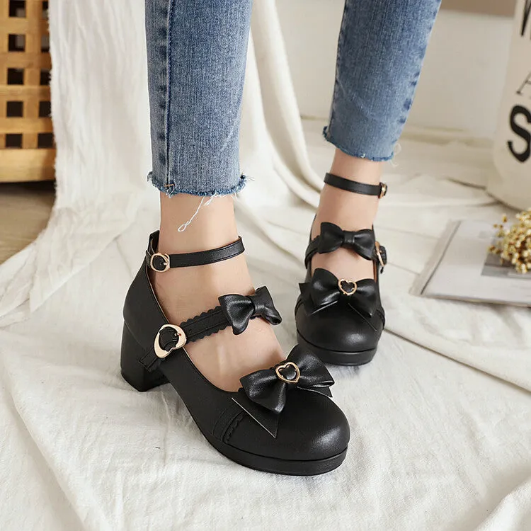 Women's Bow Tie Double Buckle Straps Block Heel Platform Pumps