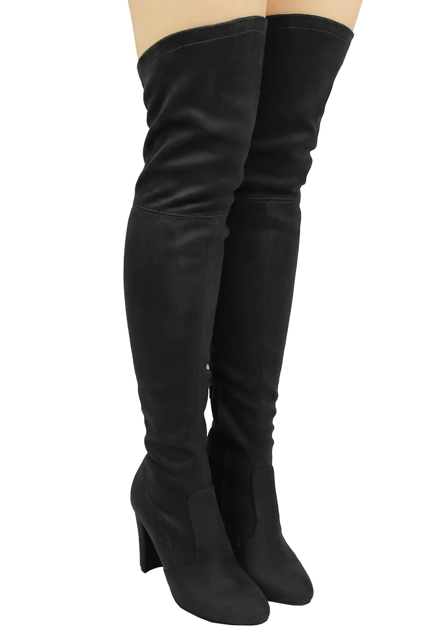 Womens Faux Suede Sexy Fitted Thigh High Over the Knee High Chunky Heel Boots