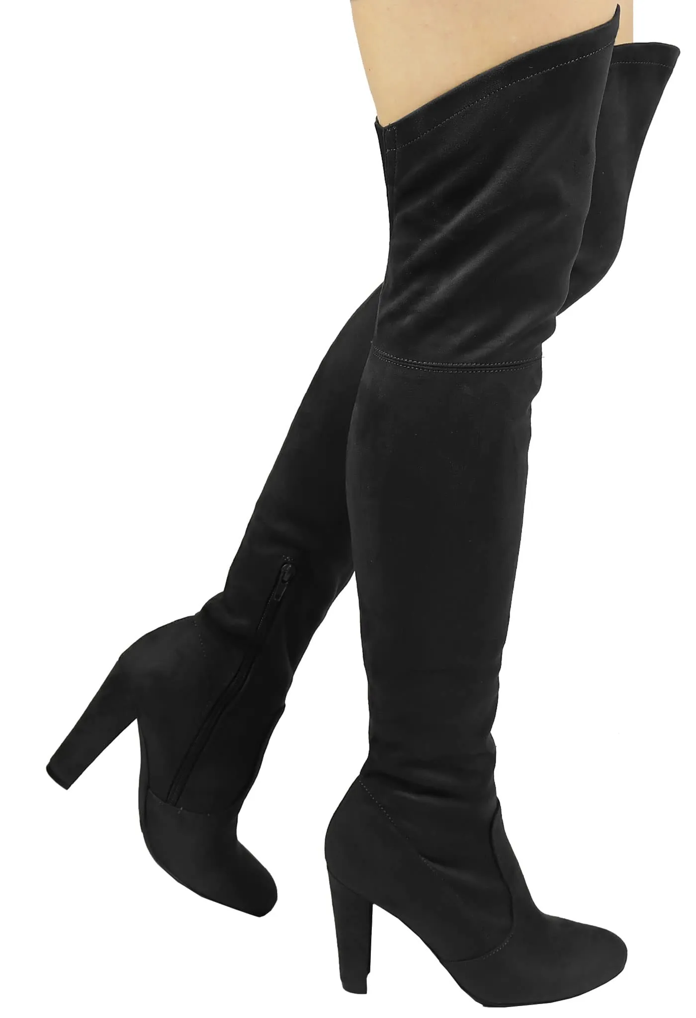 Womens Faux Suede Sexy Fitted Thigh High Over the Knee High Chunky Heel Boots