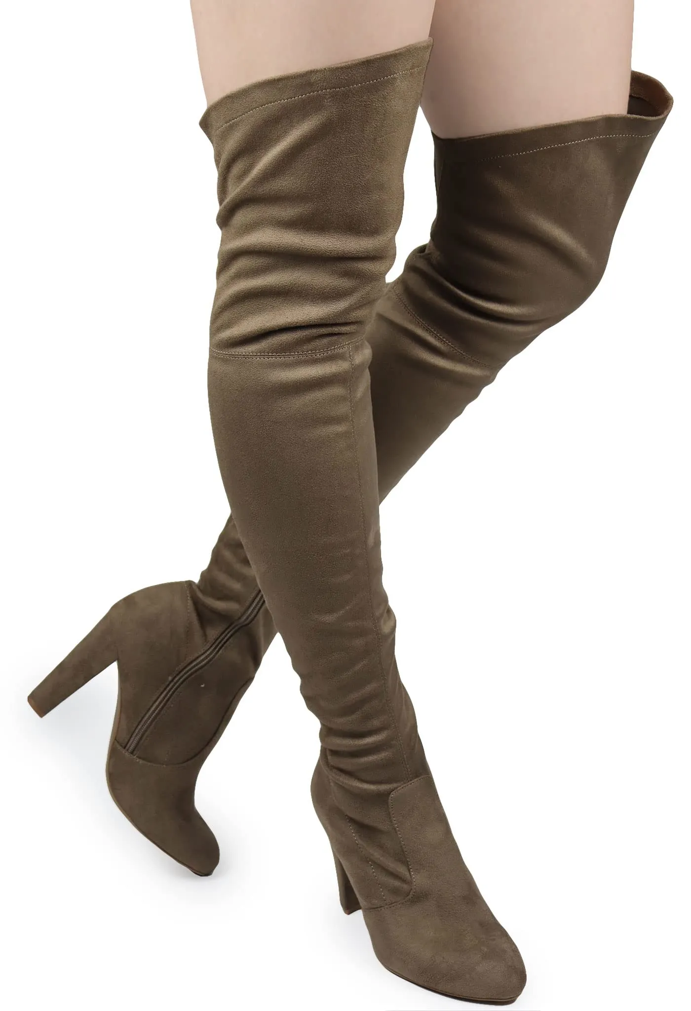 Womens Faux Suede Sexy Fitted Thigh High Over the Knee High Chunky Heel Boots