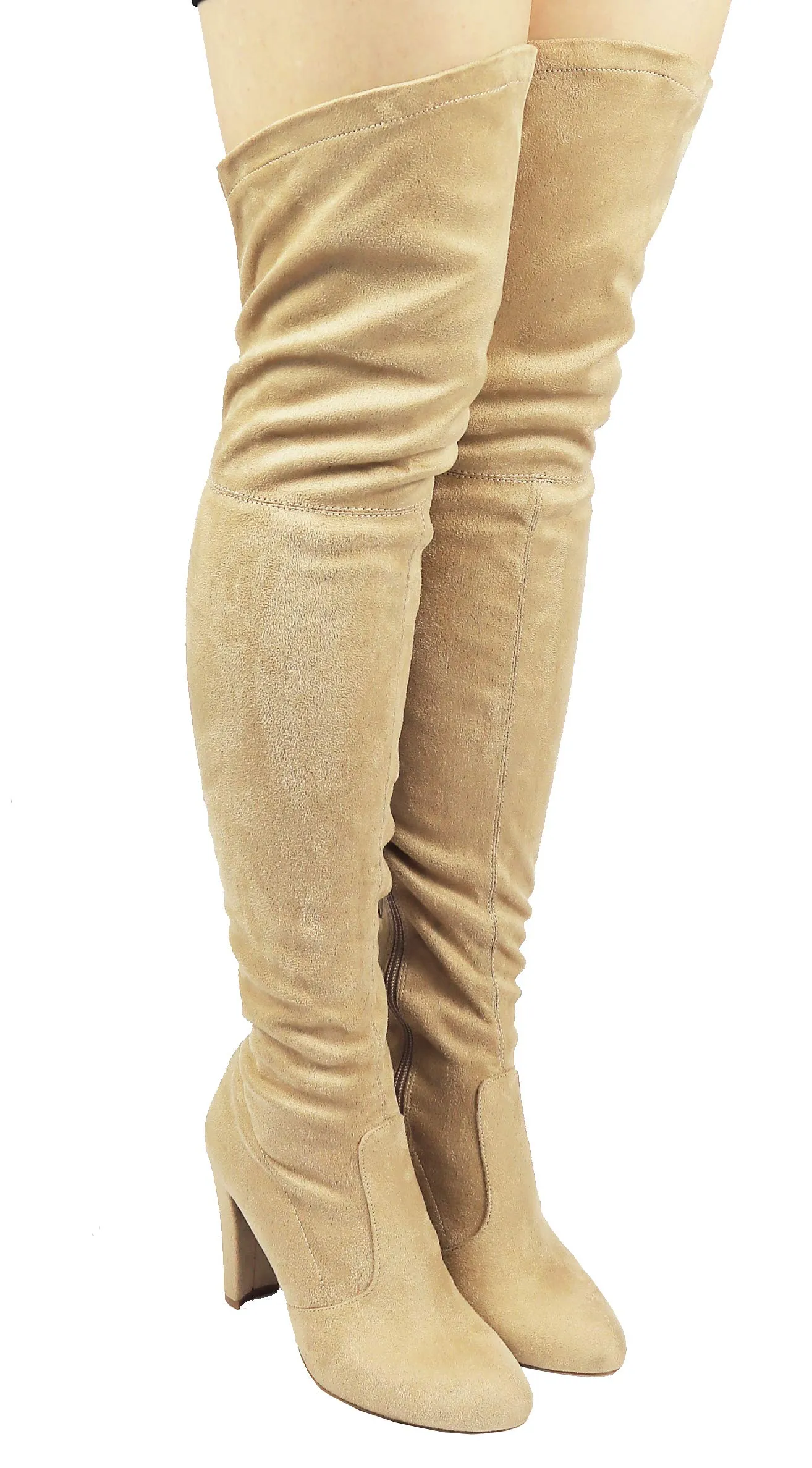 Womens Faux Suede Sexy Fitted Thigh High Over the Knee High Chunky Heel Boots