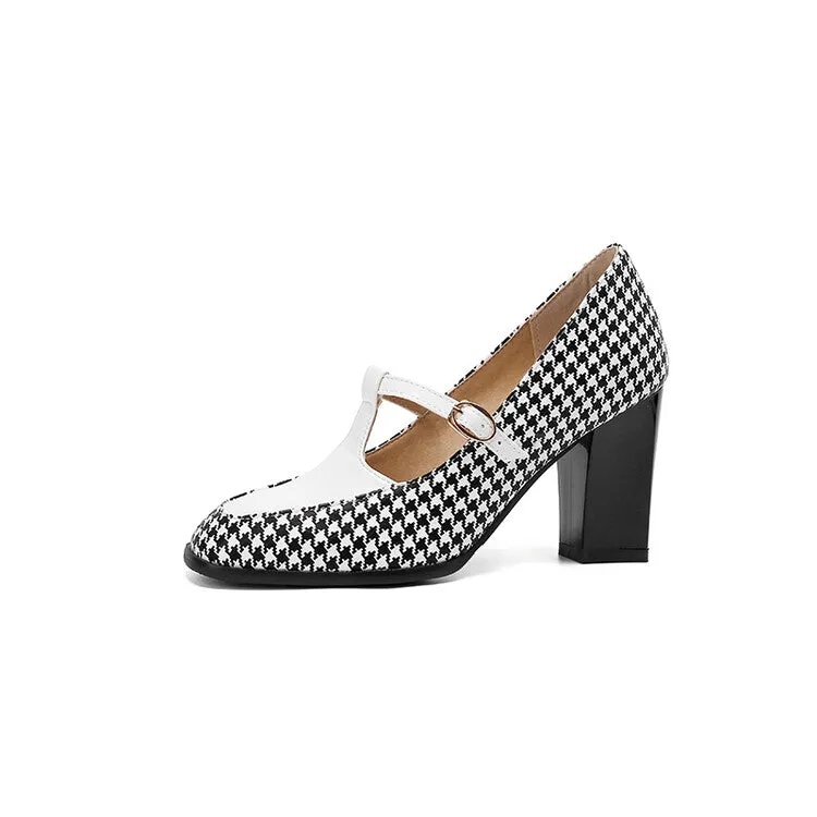 Women's T Strap Plaid Block Heels